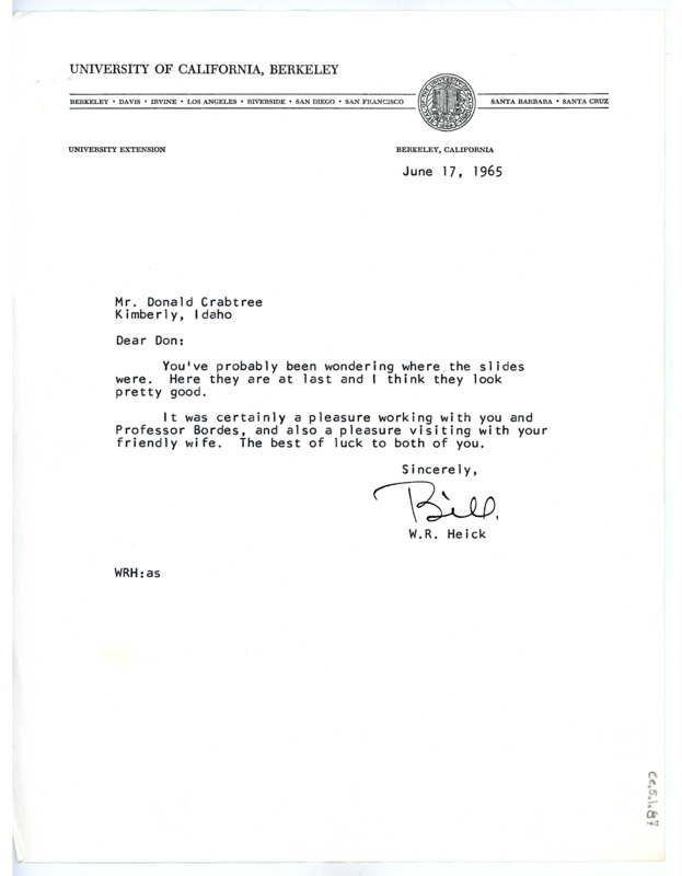 Letter from William "Bill" Heick to Don Crabtree regarding the slides taken while working with him and Francois Bordes.