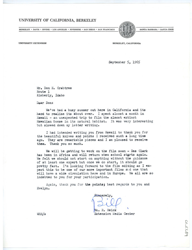 Letter from William "Bill" Heick to Don Crabtree regarding his summer and progress on the film.