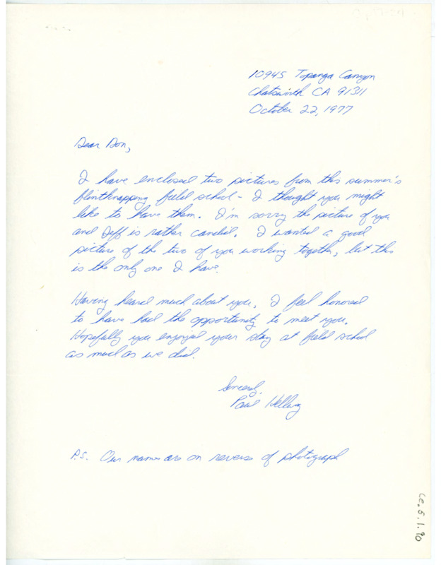 Handwritten letter from Paul Hellweg to Don Crabtree regarding pictures of Crabtree's field school.