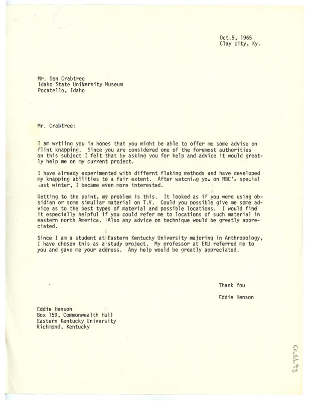 Letter from Eddie Hensen to Don Crabtree regarding questions on sourcing material for flintknapping.