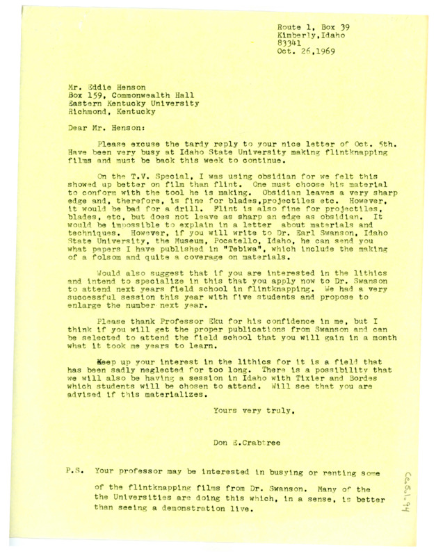 Letter from Don Crabtree to Eddie Henson apologizing for his tardy response and recommending ways to source flintknapping material.