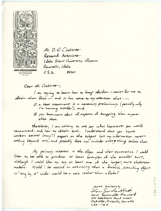 Handwritten letter from Lorne Somerville Henwood to Don Crabtree regarding learning to flintknap and asking for resources on the topic. Envelope included.