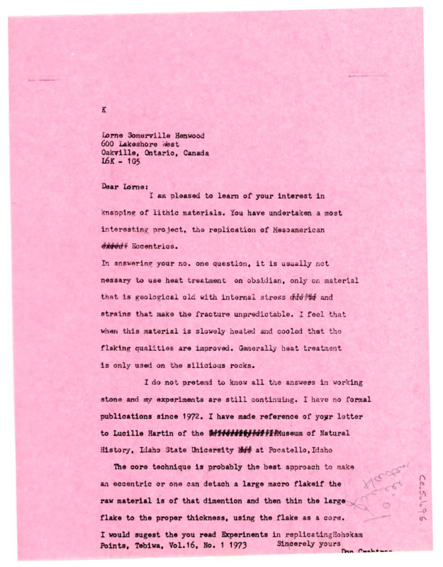 Letter from Don Crabtree to Lorne Somerville Henwood regarding resources on learning flintknapping.