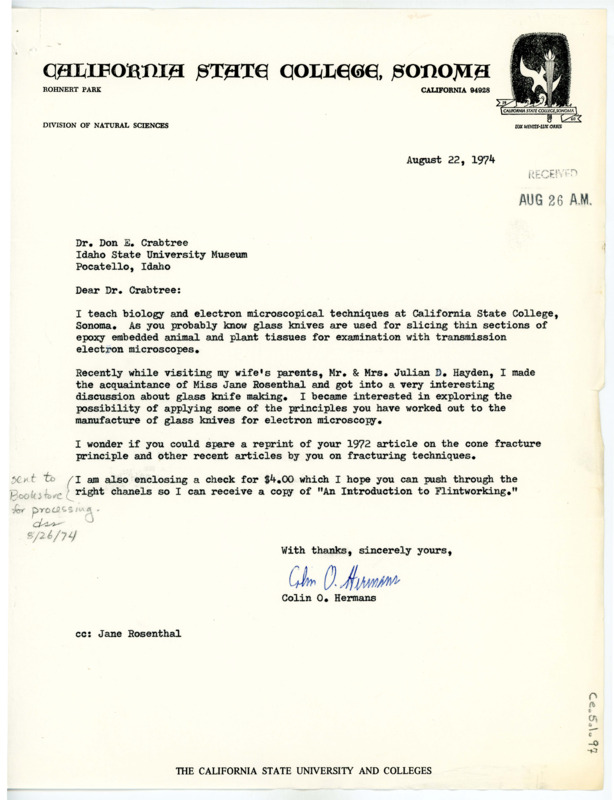 Letter from Colin O. Hermans to Don Crabtree asking for a reprint of Crabtree's article on the cone fracture principle.