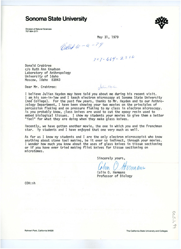 Letter from Colin O. Hermans to Don Crabtree regarding the use of glass knives in electron microscopy and their connection to flintknapping.