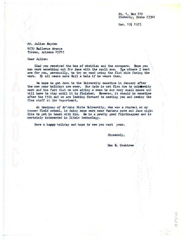 Letter from Don Crabtree to Julian D. Hayden regarding visiting Tucson sometime soon.