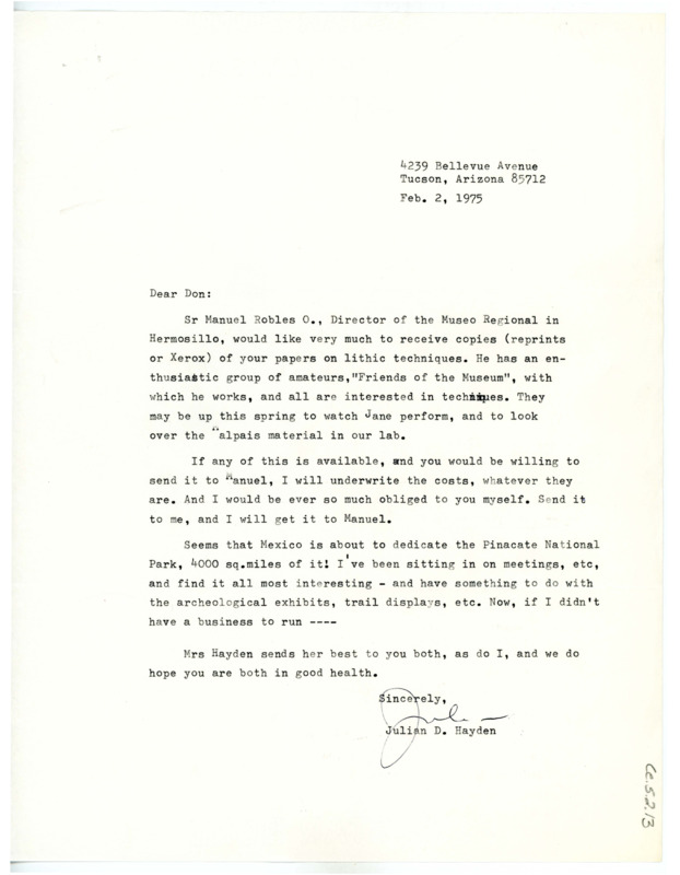 Letter from Julian D. Hayden to Don Crabtree requesting copies of his papers on lithic technology for a Sr. Manuel Robles O.