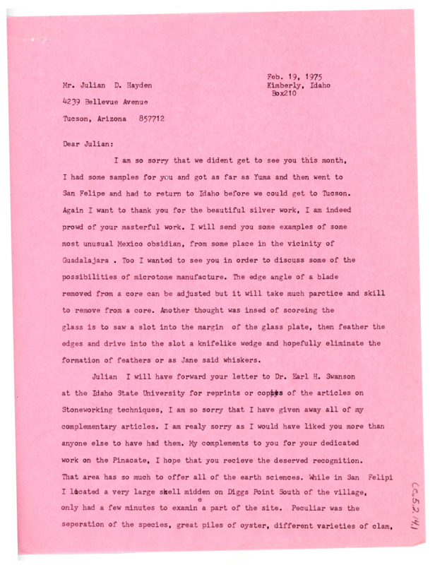 Letter from Don Crabtree to Julian D. Hayden regarding being unable to see him in Tucson and a recently discovered shell midden in Mexico.