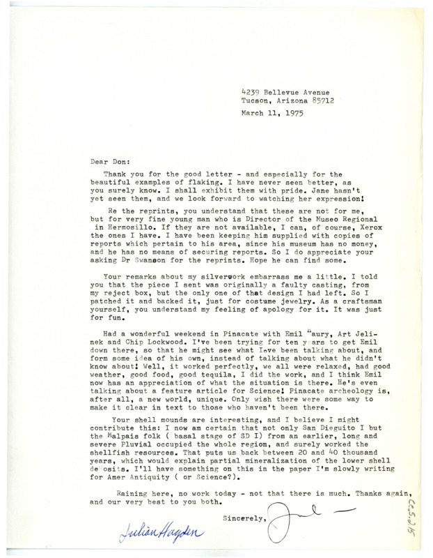 Letter from Julian D. Hayden to Don Crabtree regarding the flaking examples sent by Crabtree and his weekend in Pinacate with Emil Haury.