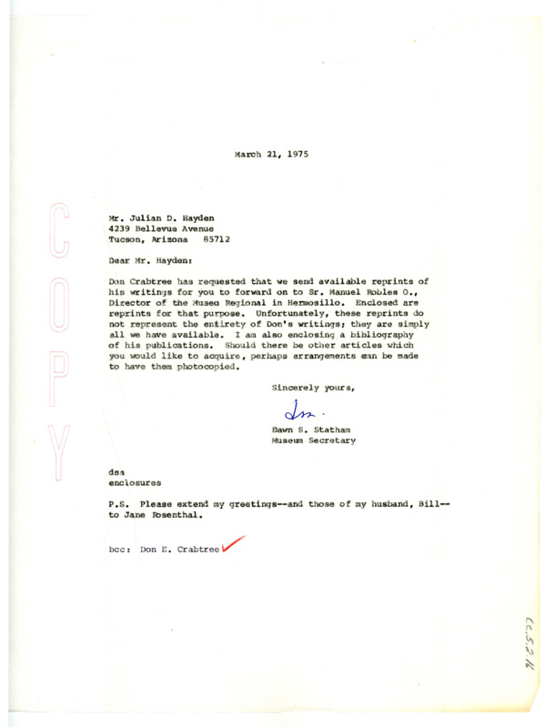 Letter from Dawn S. Statham to Julian D. Hayden fulfilling his request for copies of what is available of Don Crabtree's work.