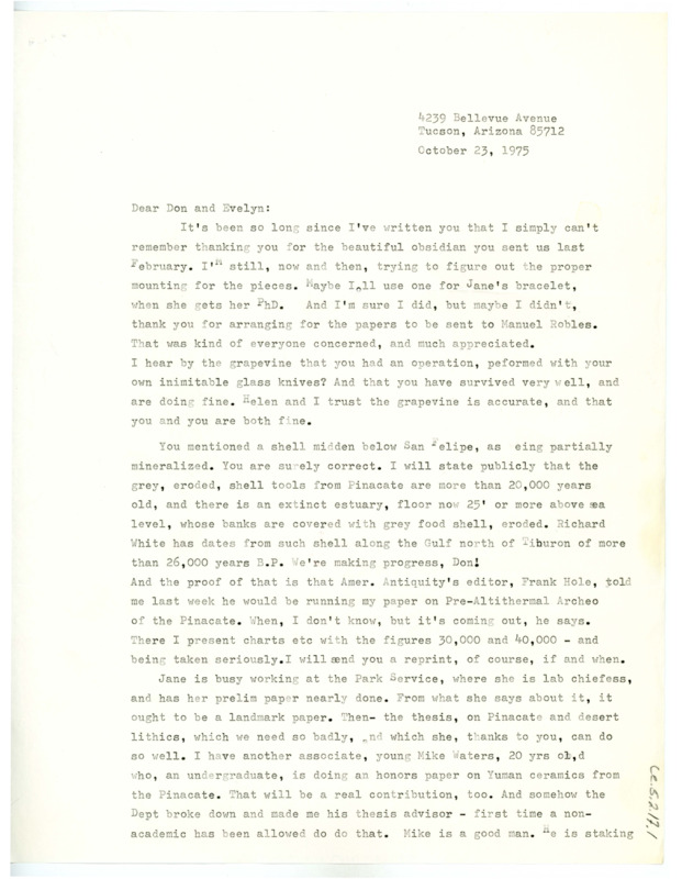 Letter from Julian D. Hayden to Don Crabtree thanking him for the shipment of obsidian and sending his papers to Manuel Robles.