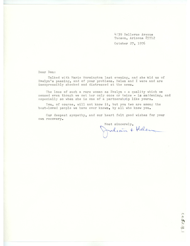 Letter from Julian D. Hayden to Don Crabtree regarding the passing of Evelyn Crabtree. Envelope included.