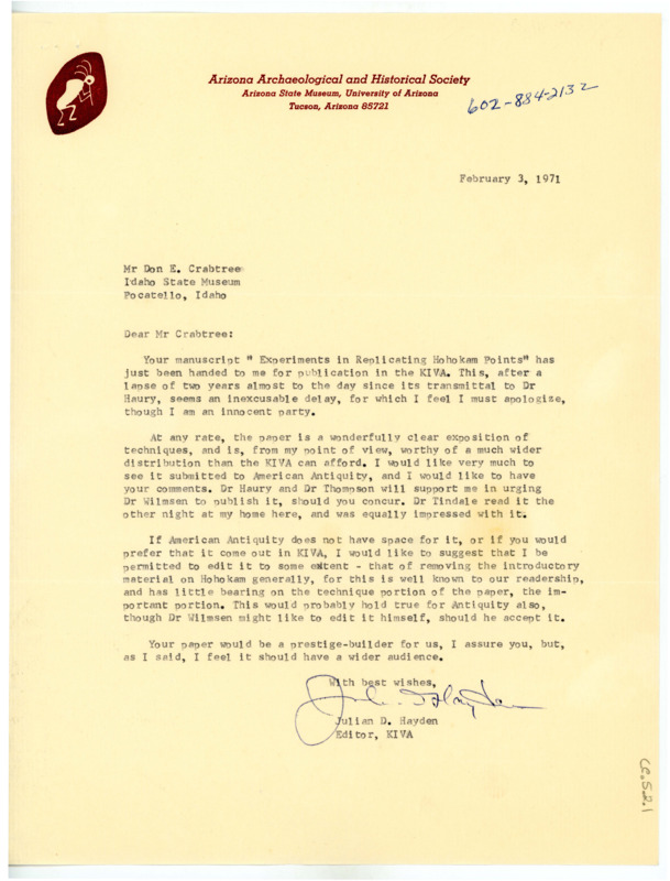 Letter from Julian D. Hayden to Don Crabtree regarding Crabtree's manuscript, "Experiments in Replicating Hohokam Points", and its publication.