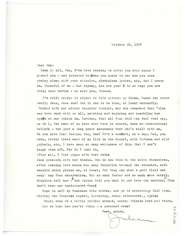 Letter from Julian D. Hayden to Don Crabtree regarding the loss of his wife, Helen Hayden, and recent happenings.