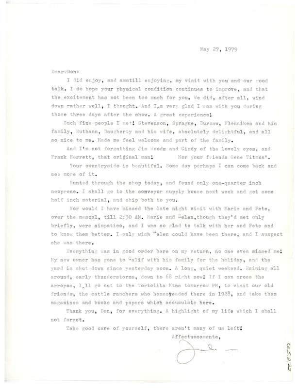 Letter from Julian D. Hayden to Don Crabtree regarding their recent visit together to Kimberly, Idaho.