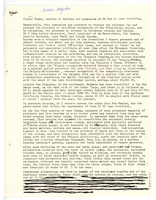 Letter from Julian D. Hayden to Don Crabtree regarding the results of the meeting and symposium of the Southwestern Federation of Archaeology Societies.