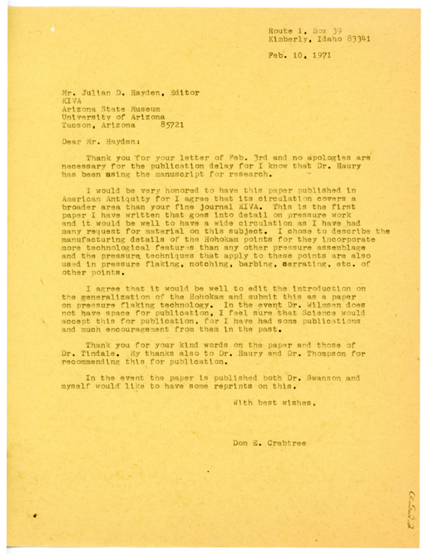 Letter from Don Crabtree to Julian D. Hayden regarding publishing his paper in American Antiquity.