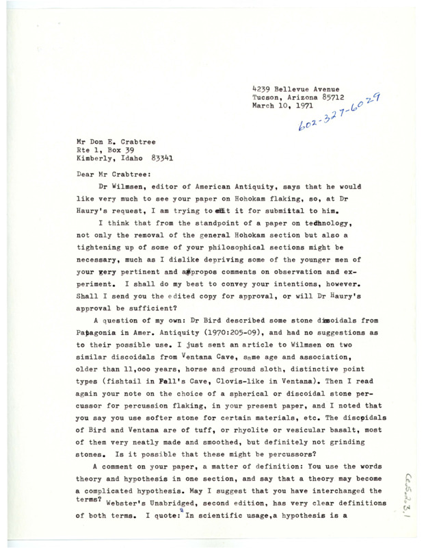 Letter from Julian D. Hayden to Don Crabtree regarding edits on his paper on Hohokam points.