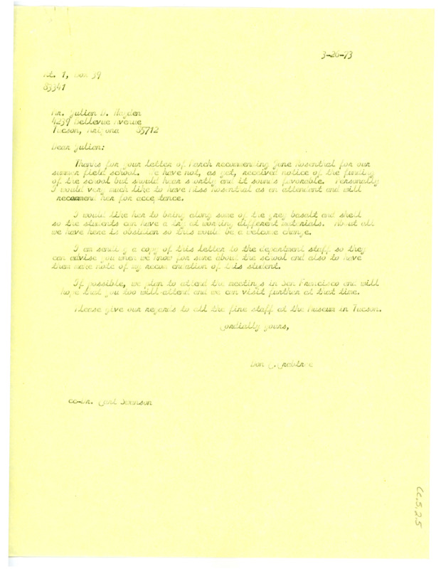 Letter from Don Crabtree to Julian D. Hayden regarding the recommendation of Jane Rosenthal to his summer field school.