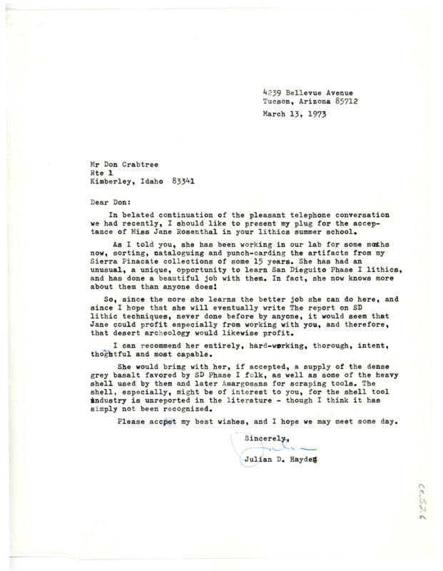 Letter from Julian D. Hayden to Don Crabtree recommending Jane Rosenthal to Crabtree's lithic summer school.