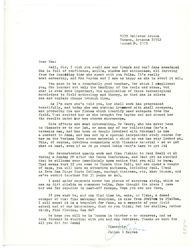 Letter from Julian D. Hayden to Don Crabtree regarding the progress of Jane Rosenthal in the field of lithic technology.