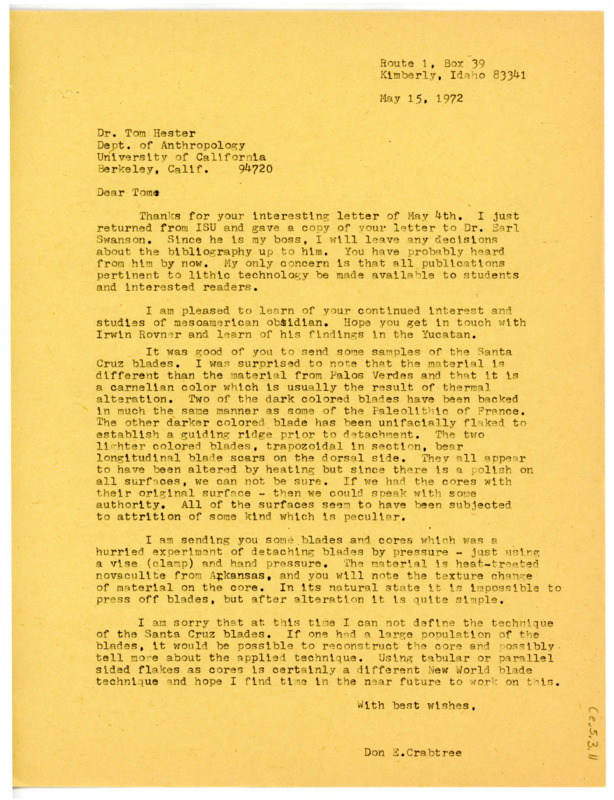 Letter from Don Crabtree to Thomas Roy Hester regarding Hester's studies in mesoamerican obsidian and sending some samples of blades and cores.