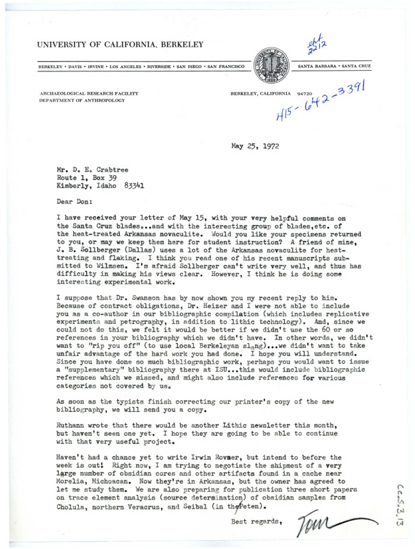 Letter from Thomas Roy Hester to Don Crabtree regarding his comments on his Santa Fe blades and his contributions to their shared bibliography.