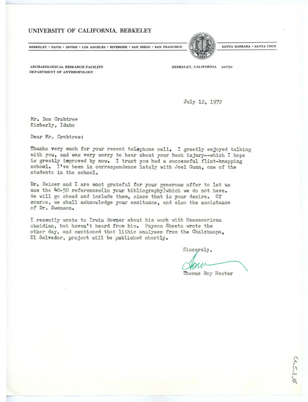 Letter from Thomas Roy Hester to Don Crabtree regarding their latest telephone call and their shared bibliography.