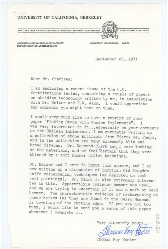 Letter from Thomas Roy Hester to Don Crabtree regarding possible edits to his papers on obsidian technology, and requested one of Crabtree's papers entitled "Flaking Stone with Wooden Implements".