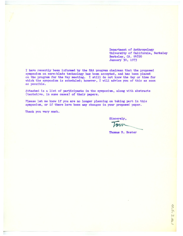 Letter from Thomas Roy Hester to Don Crabtree regarding a list of participants in a proposed symposium.