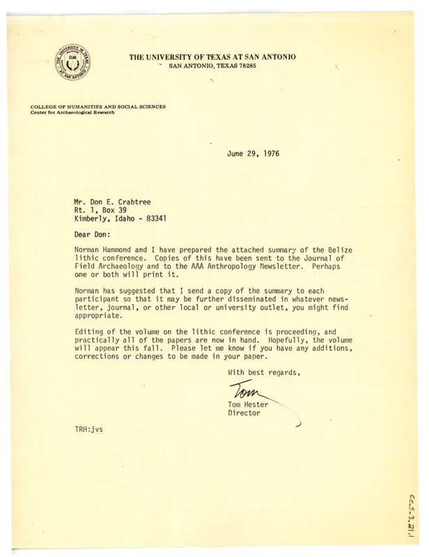 Letter from Thomas Roy Hester to Don Crabtree regarding a summary of the Belize Lithic Conference, and the people participating in it.