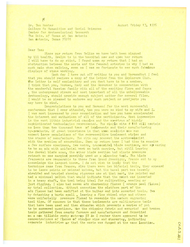 Letter from Don Crabtree to Thomas Roy Hester regarding his and Evelyn's health following the Belize conference and congratulating Hester on his success.