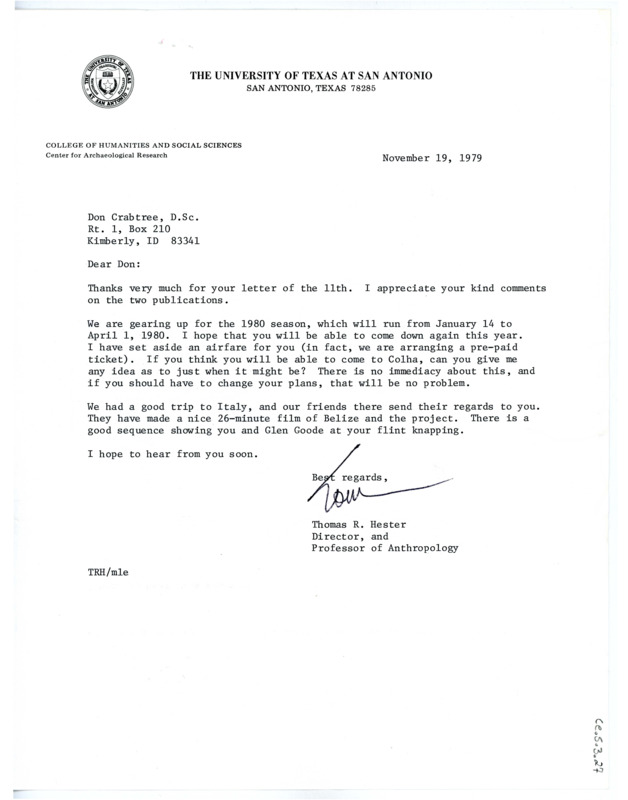 Letter from Thomas Roy Hester to Don Crabtree regarding the upcoming archaeology season and his recent trip to Italy.