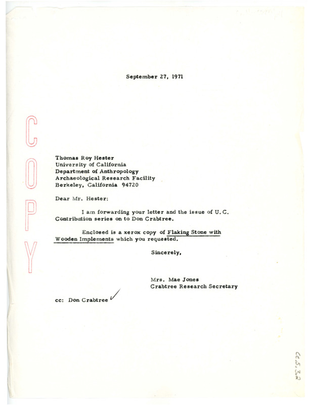 Letter from Mae Jones to Thomas Roy Hester forwarding his letter on to Don Crabtree, and enclosing a copy of Flaking Stone with Wooden Implements for Hester.