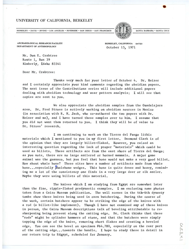 Letter from Thomas Roy Hester to Don Crabtree regarding his comments on the obsidian papers and the gifted samples from Guadalajara. Included is a photo of two lithic knives from Egypt.