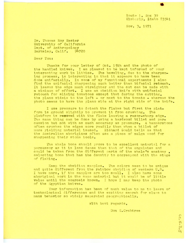 Letter from Don Crabtree to Thomas Roy Hester thanking him for the photograph of handled knives and discussion of flintknapping/lithic tools.