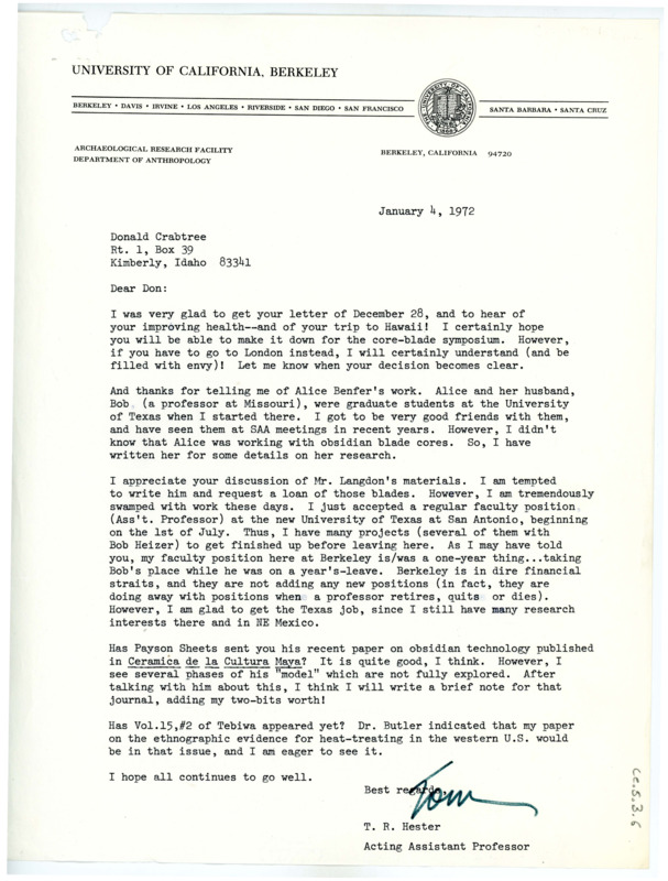 Letter from Thomas Roy Hester to Don Crabtree regarding Crabtree's trip to Hawaii and Alice Benfer's work.