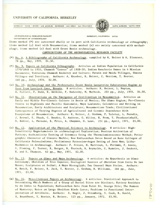 Letter from Thomas Roy Hester to Don Crabtree regarding cross-checking their personal lithic bibliographies. Included is a bibliography listing sources on experimental archaeology and lithic technology-- the articles are for sale at set prices at the end of the bibliography.