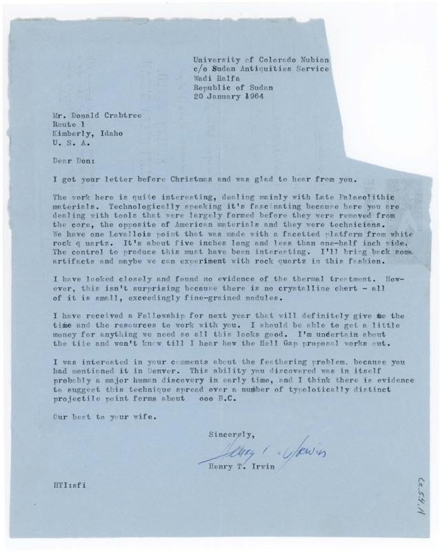 Letter from Henry T. Irwin to Don Crabtree regarding his work with Late Paleolithic materials and working with Crabtree.