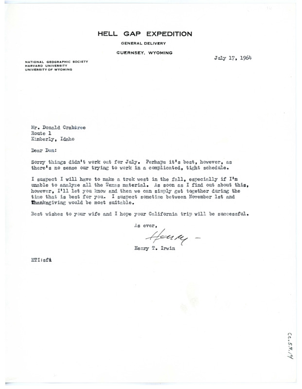 Letter from Henry T. Irwin to Don Crabtree regarding plans falling through.