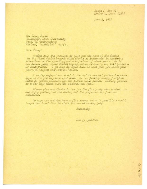 Letter from Don Crabtree to Henry T. Irwin regarding information on stone tools in a medical setting and his visit to Idaho State University.