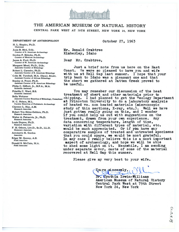 Letter from Cynthia Irwin-Williams to Don Crabtree regarding analysis of heat treatment in lithic technology.