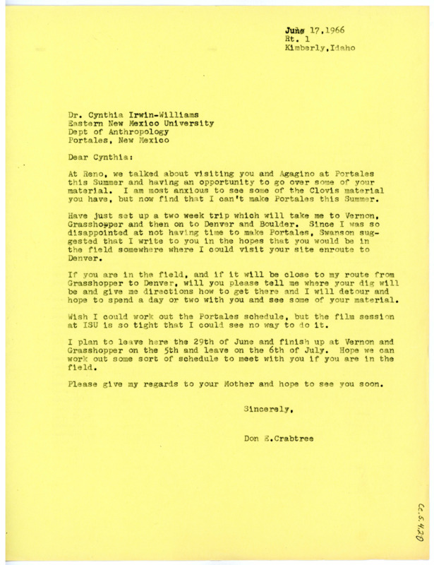 Letter from Don Crabtree to Cynthia Irwin-Williams regarding being unable to visit her in Portales.