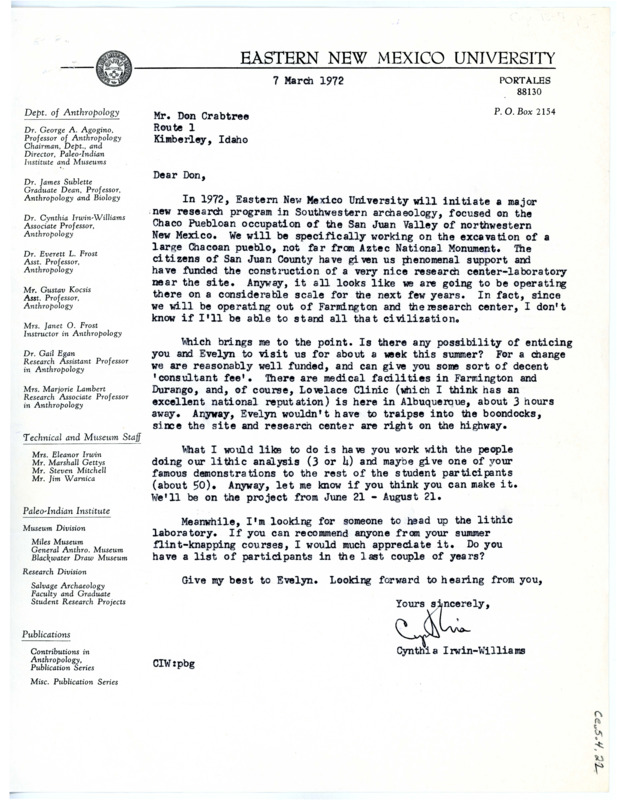 Letter from Cynthia Irwin-Williams to Don Crabtree regarding having the Crabtrees visit her new research site at the former Chaco Puebloan occupation of the San Juan Valley.