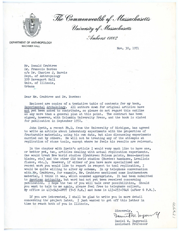 Letter from Daniel W. Ingersoll to Don Crabtree and Francois Bordes regarding a table of contents from his upcoming book, Experimental Archaeology, and a request for an article to be written by them for the book.