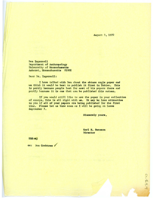 Letter from Earl Swanson to Dan Ingersoll regarding publication of Crabtree's obtuse angle paper.