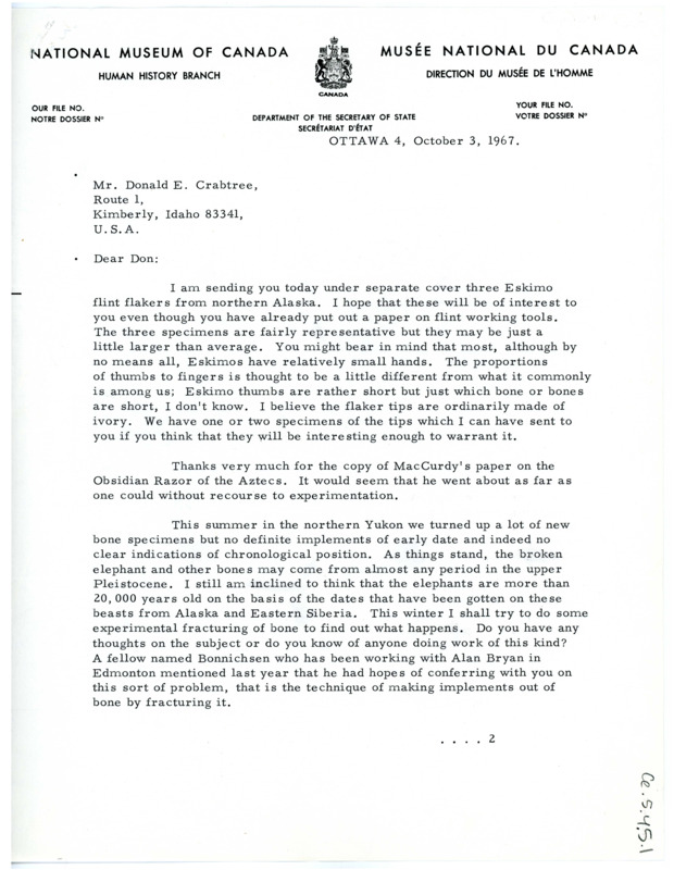 Letter from Bill Irving to Don Crabtree regarding a shipment of "Eskimo" flint flakers and his recent excavation in Yukon, Alaska.