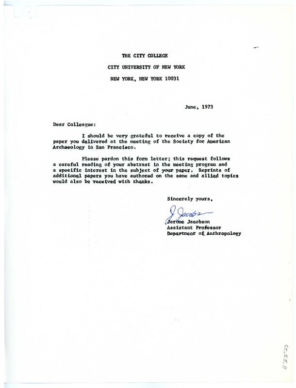 Letter from Jerome Jacobson to Don Crabtree regarding a request for a copy of a paper Crabtree delivered at the Society for American Archaeology in San Francisco.