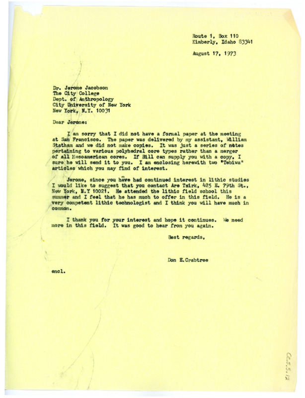 Letter from Jerome Jacobson to Don Crabtree recommending sources for information on lithic studies.