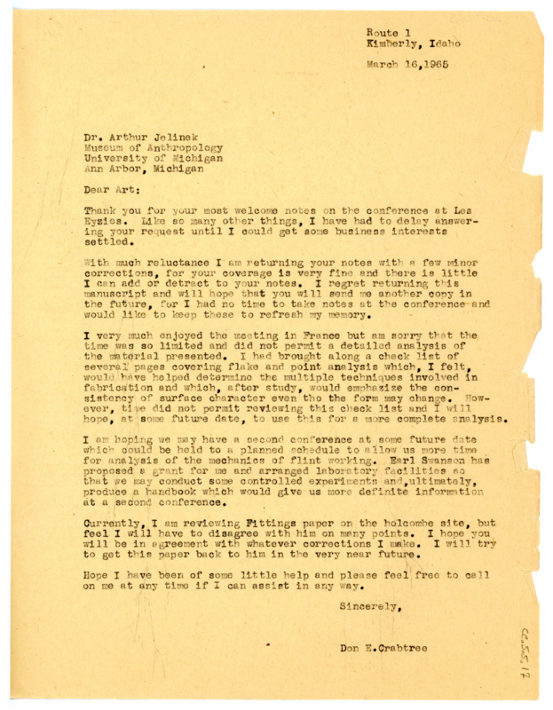 Letter from Don Crabtree to Arthur J. Jelinek regarding Jelinek's notes on the recent conference and minor corrections made to them.